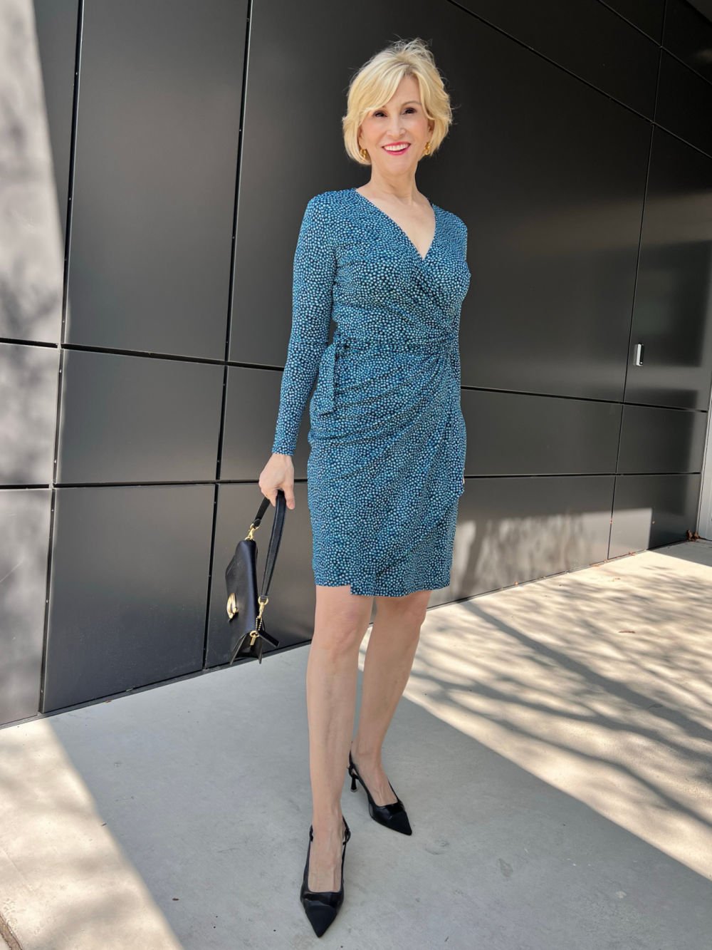 Black and Blue dot wrap dress from Amazon worn by Deborah Boland from Fabulous After 40