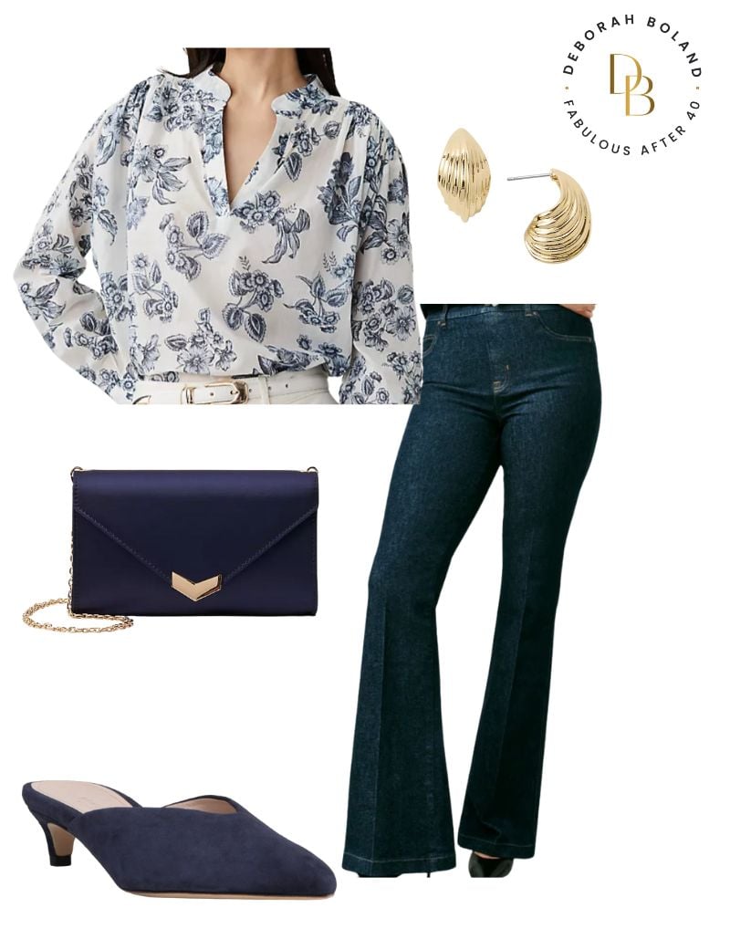 Flare jeans White Floral Blouse Apple Body type - Flare jeans White Floral Blouse