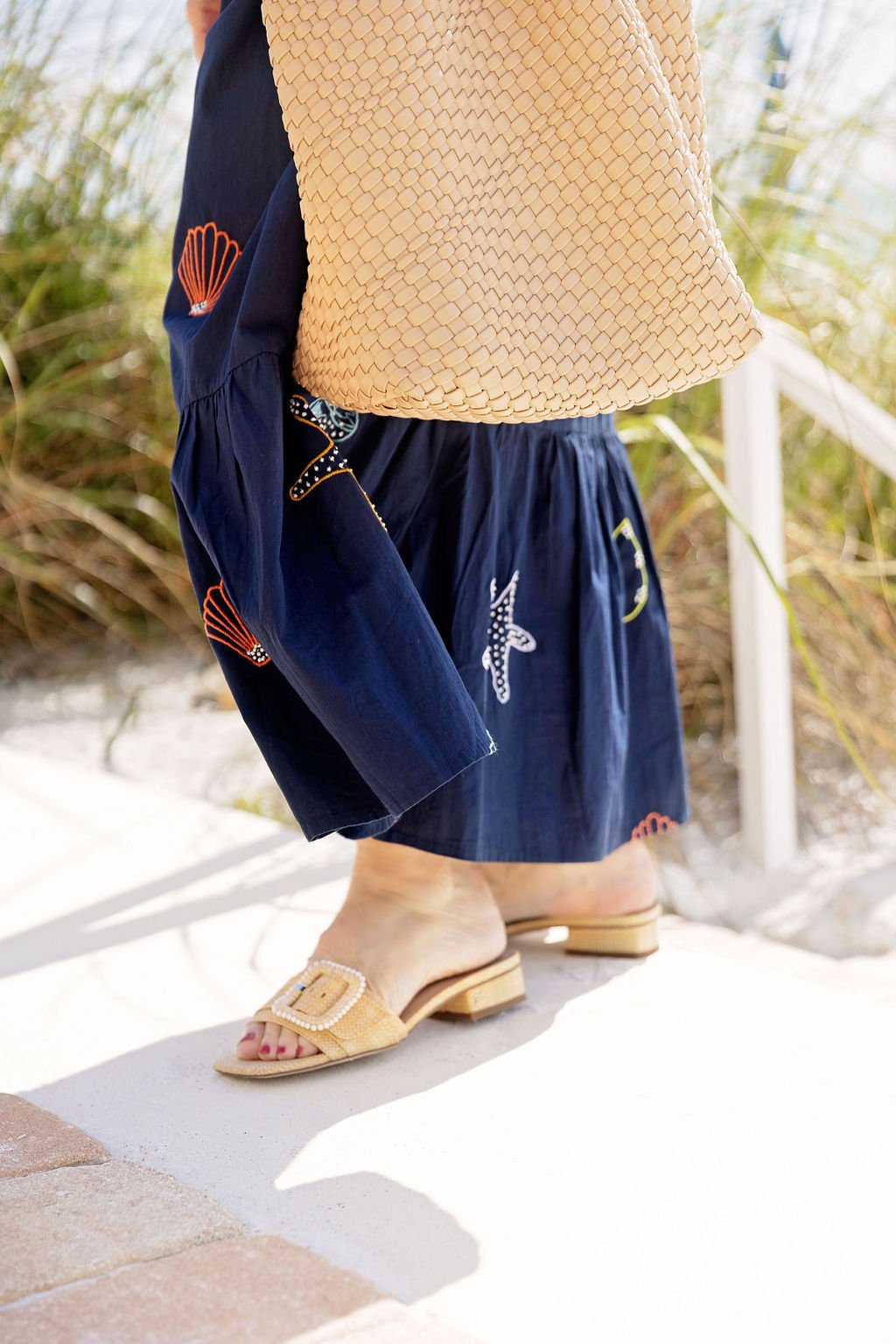 beach maxi dress with woven sandals and bag