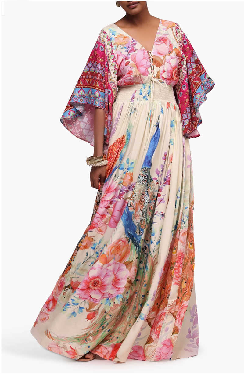 Fabulous After 40 shares Beach Wedding Wear for Mothers - woman wearing floral Sweeping Boho Gown