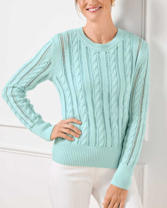 blue green open stitch sweater