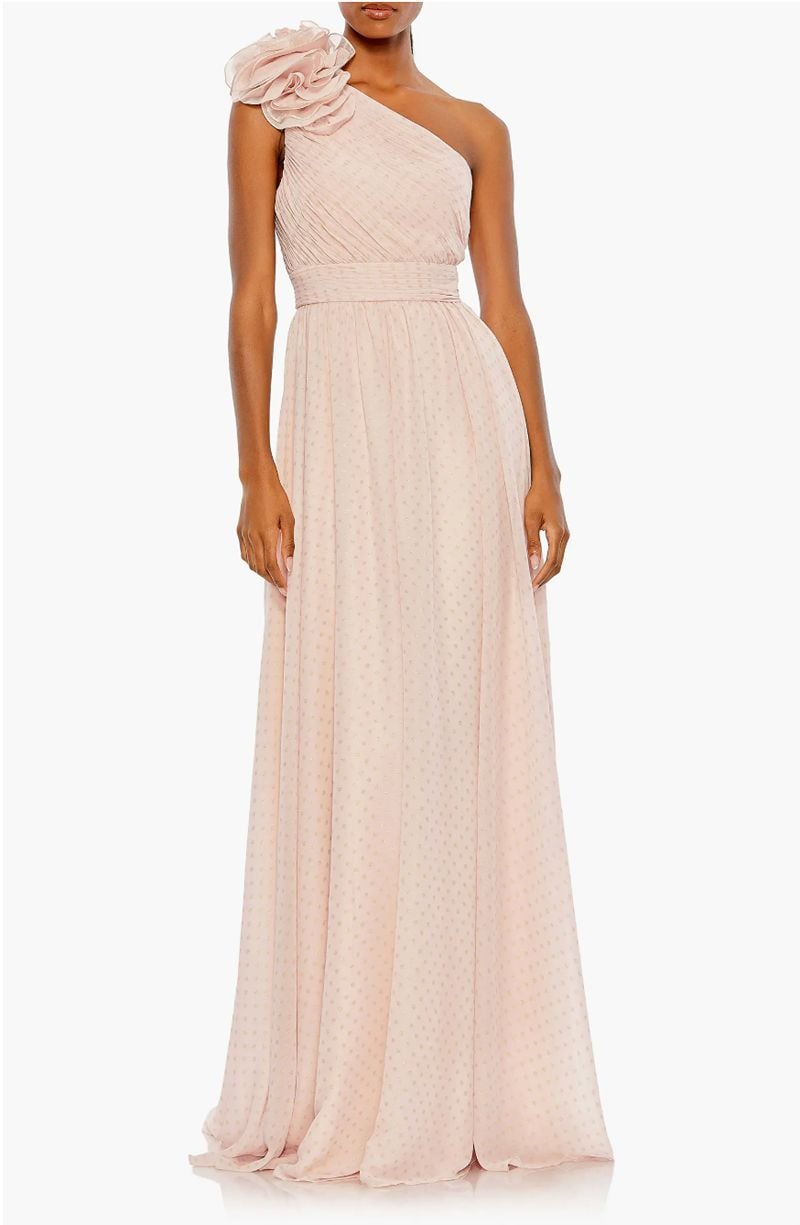 Fabulous After 40 shares Beach Wedding Wear for Mothers - woman wearing one shoulder blush gown