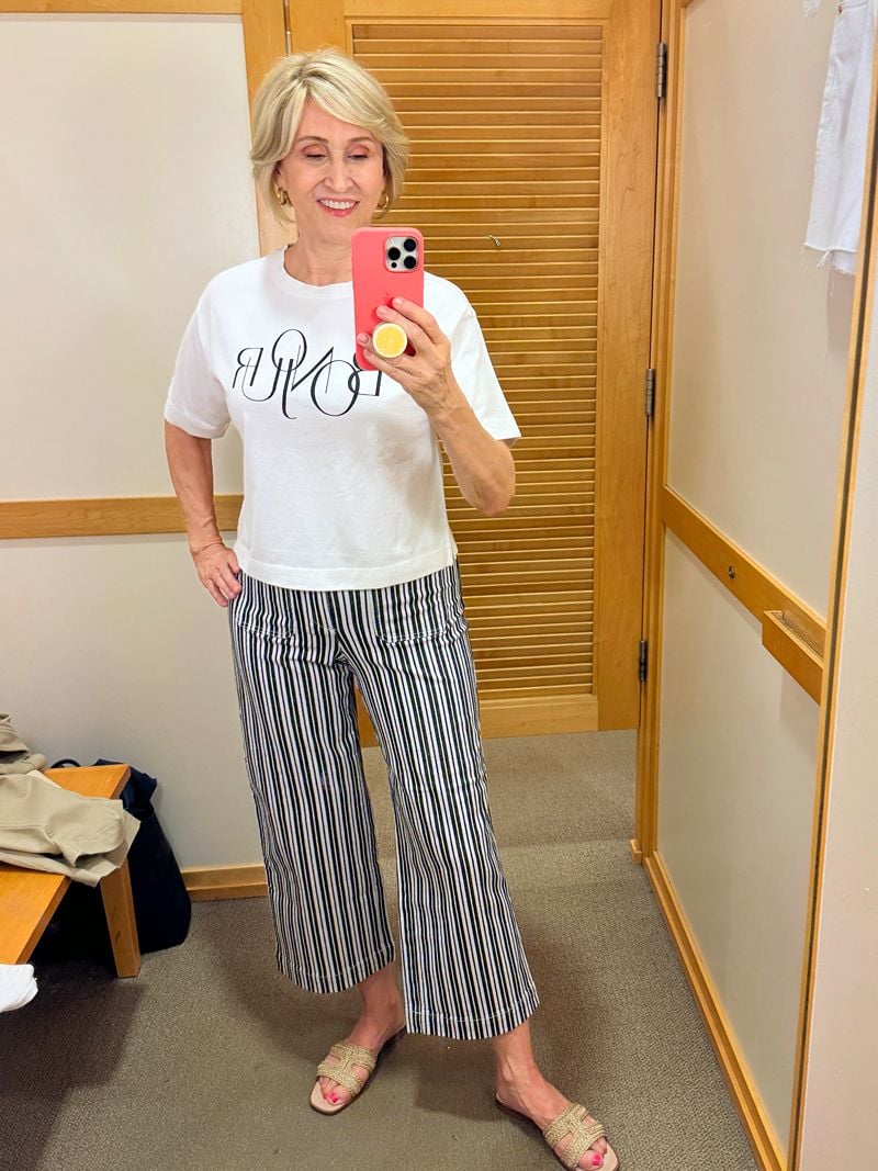 Bonjour tee, striped pants