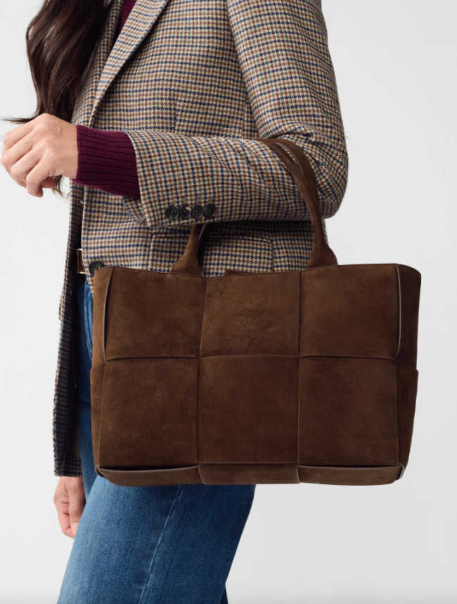 Woven Suede Handbag brown suede woven top handle