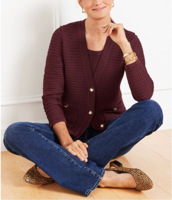 burgundy sweater and jeans