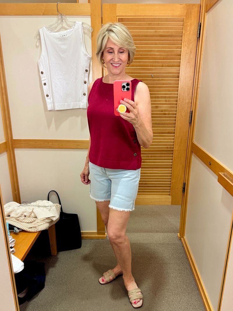 burgundy tee, denim shorts