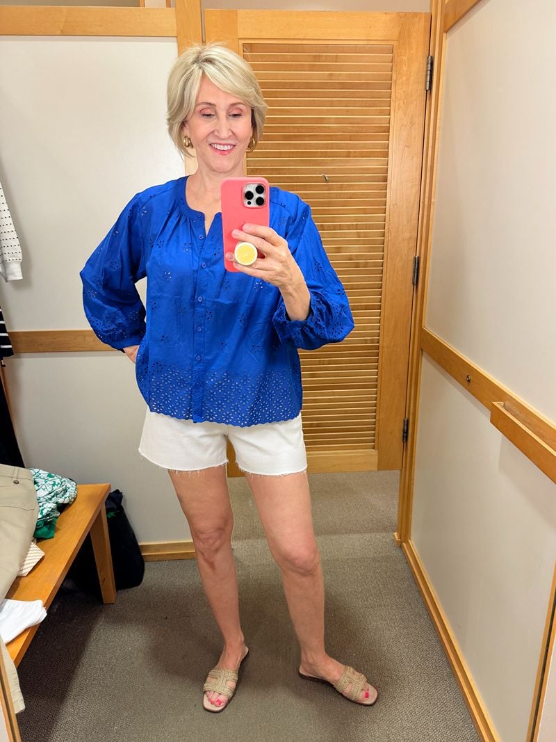 eyelet top and white shorts