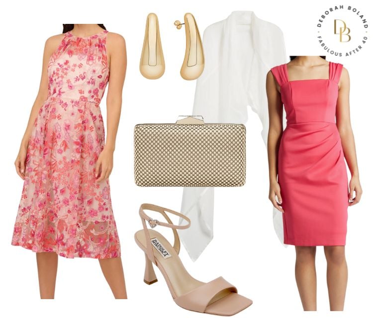coral wedding guest dresses for spring with a wrap