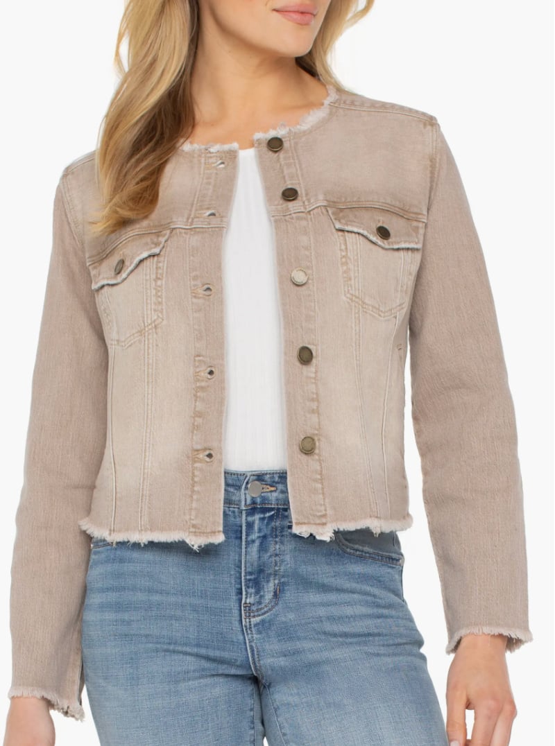 Frayed Hem Denim Jacket fray hem collarless denim jacket for women