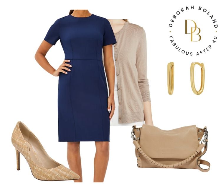 ladies funeral outfit - navy dress, taupe sweater and shoes