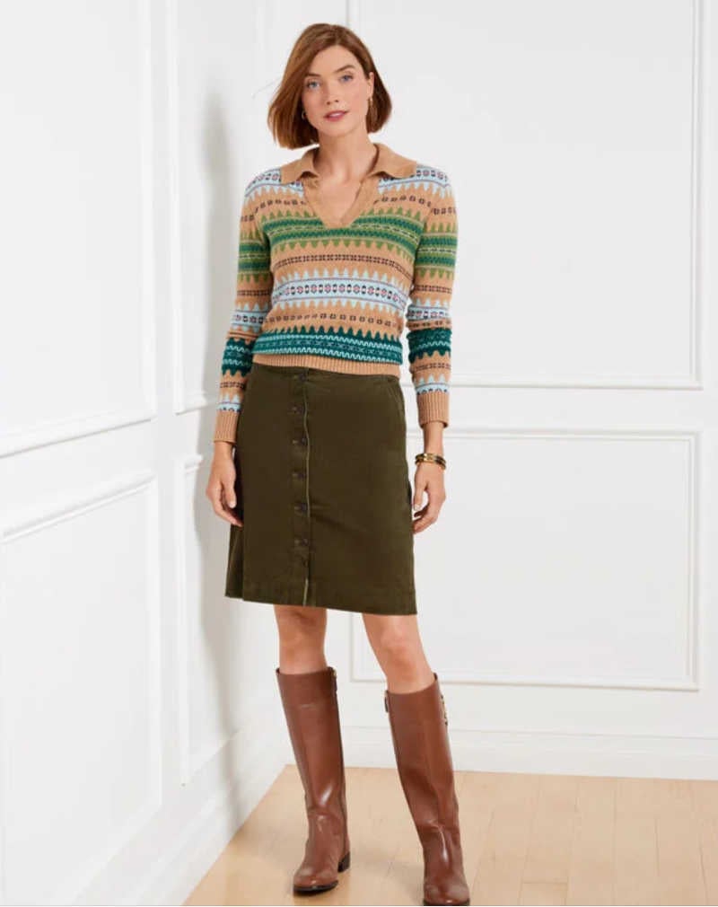 green corduroy skirt and sweater