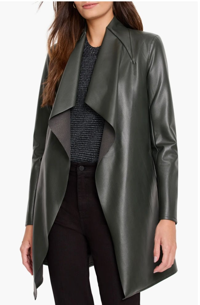 green leather coat and jeans concert outfit