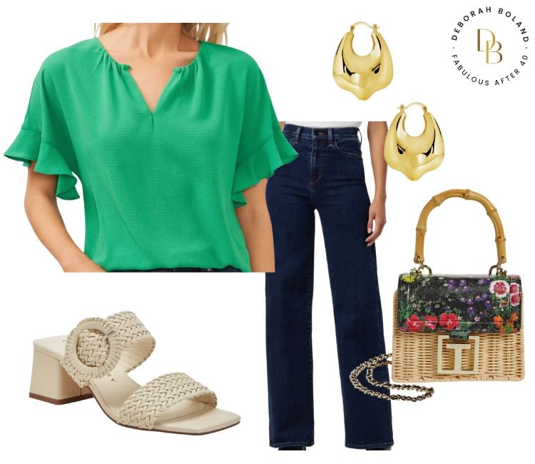 green ruffle sleeve top with jeans