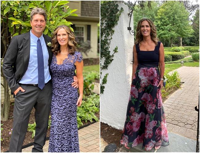 Mother of the bride Alison wearing blue dress and black floral dress