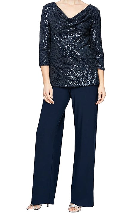 Navy Pantsuit with Cowl Neck Tunic Sequin Blouse and Straight Leg Jersey Pant