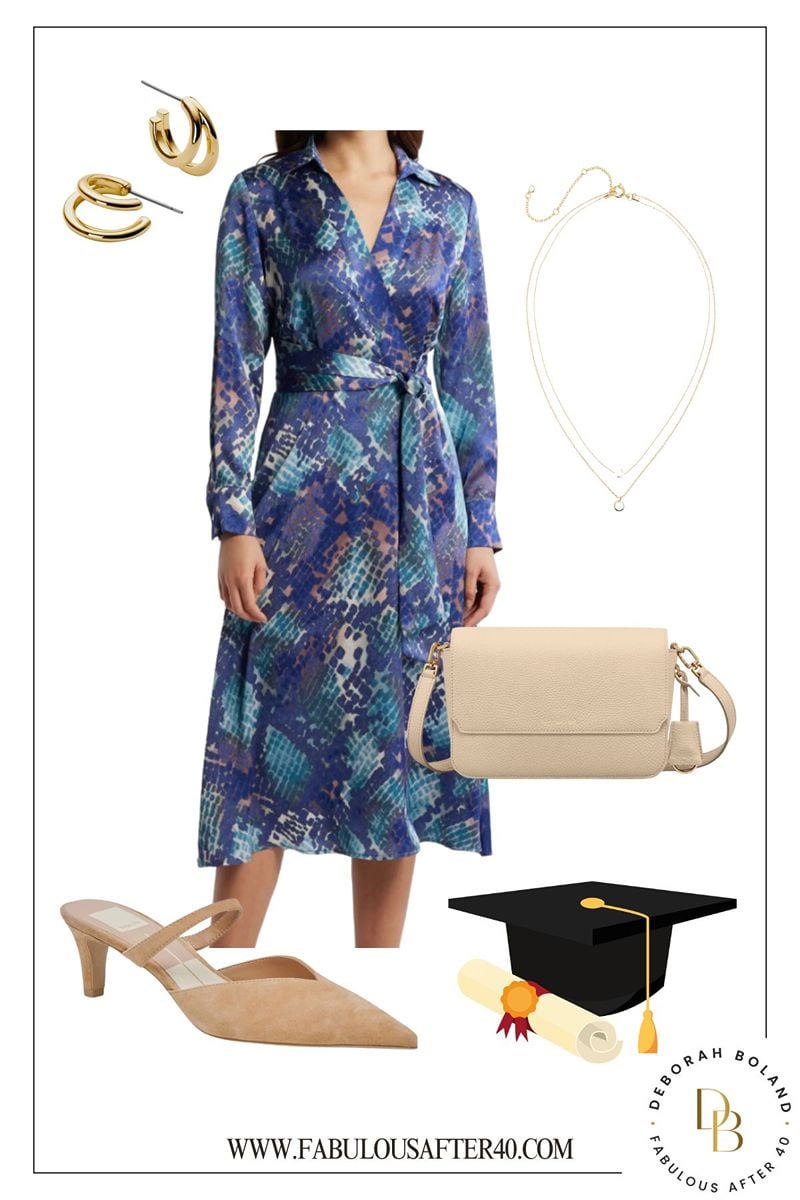 Blue print wrap dress graduation outfit ideas for moms over 50 - blue wrap dress