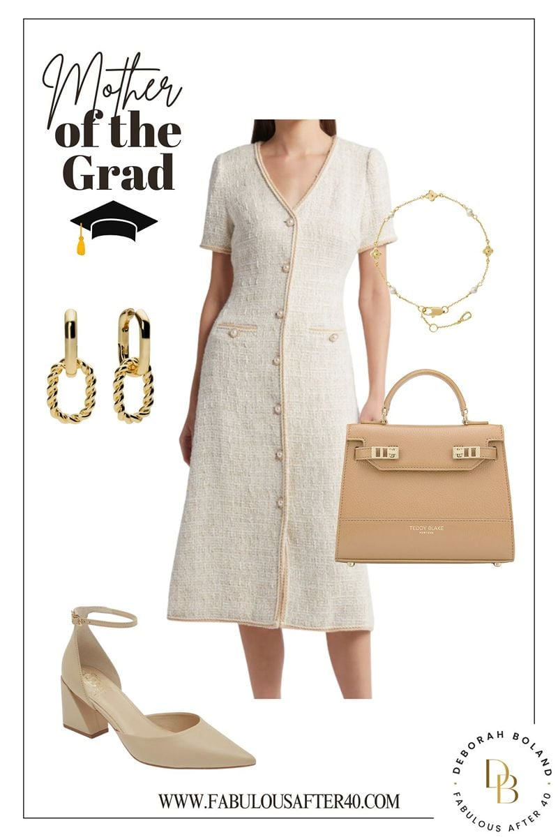 Beige Tweed Dress winter graduation outfit for moms - Beige Tweed Dress with Neutral accessories