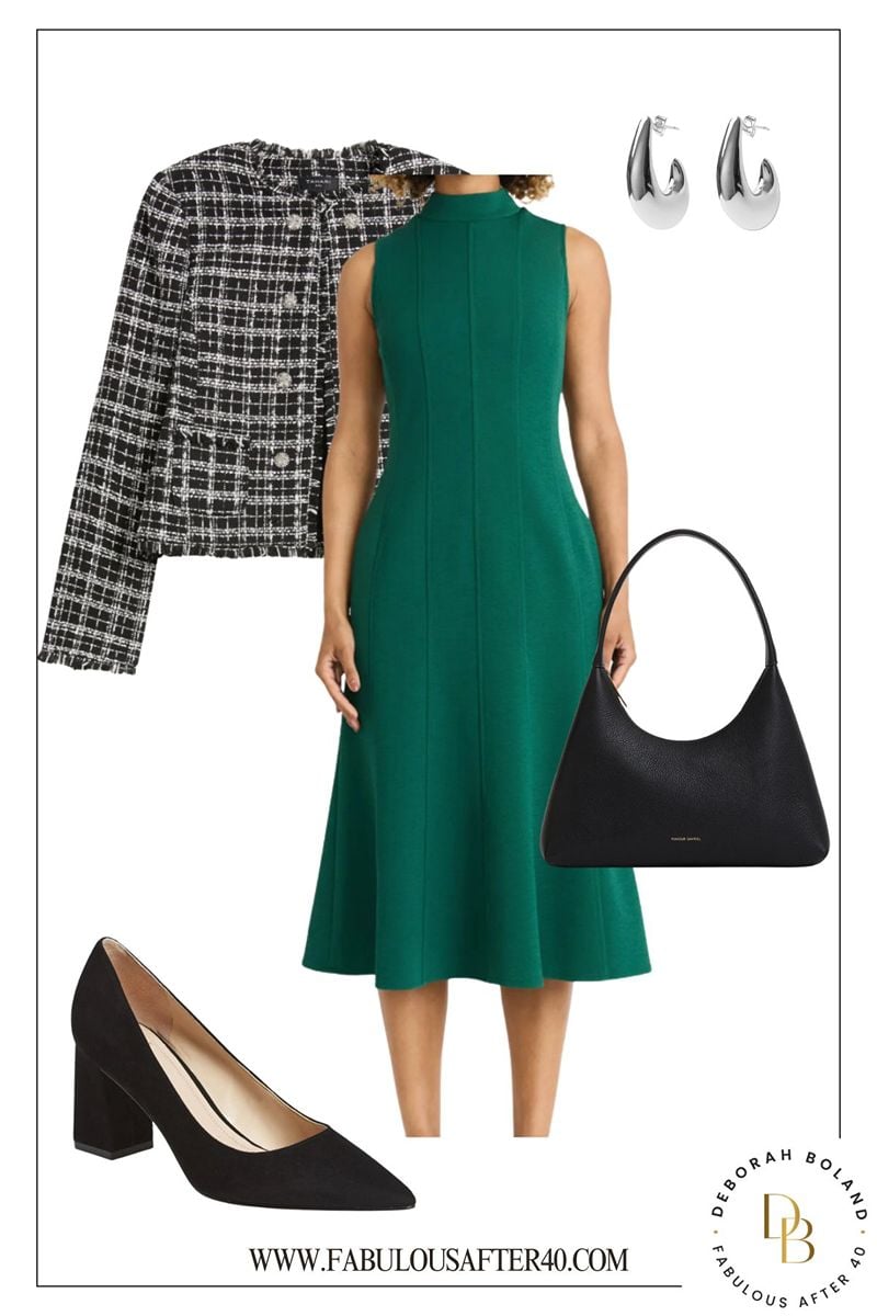 green dress and tweed jacket What to Wear to a Winter Graduation Ceremony for Moms - knit dress and jacket