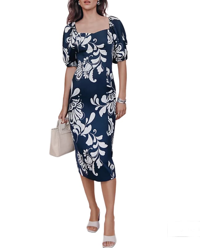 Puff print midi dress Petite summer dress -navy and white floral print puff sleeve midi dress