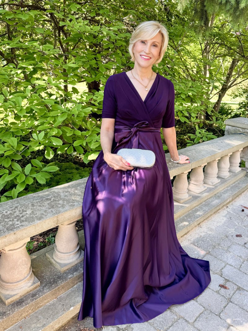 purple wrap dress wedding guestjpg