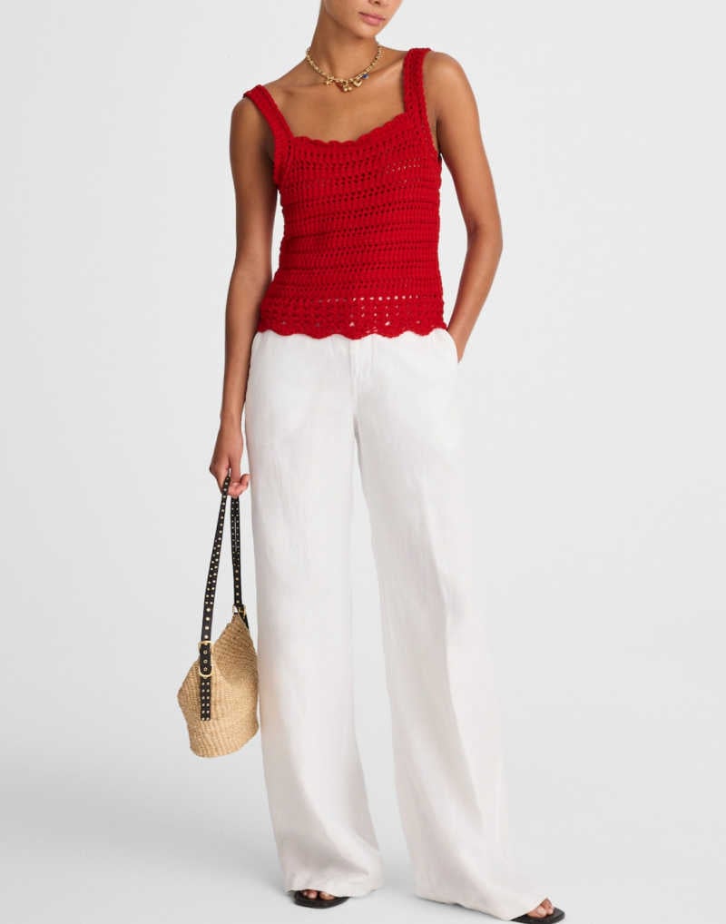 red crochet top, white linen pants | Modern Ways to Wear Crochet Tops