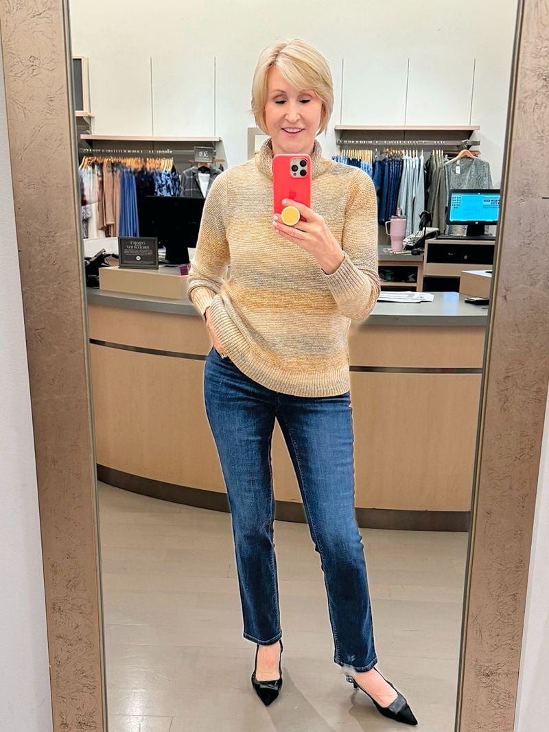 tan sweater blue jeans jjill