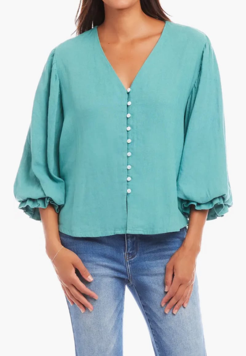 teal button front blouson sleeve top