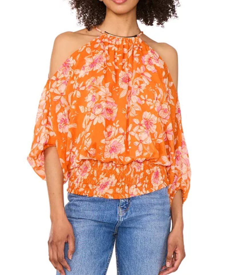 orange floral print cold shoulder halter top
