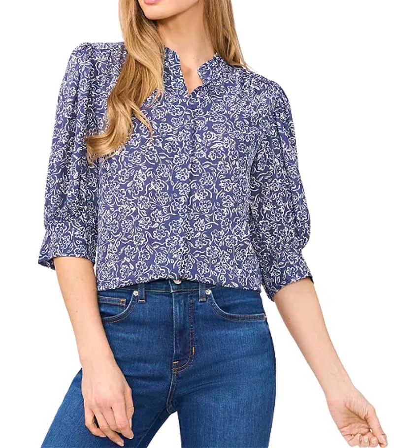 blue and white floral print elbow length sleeve top