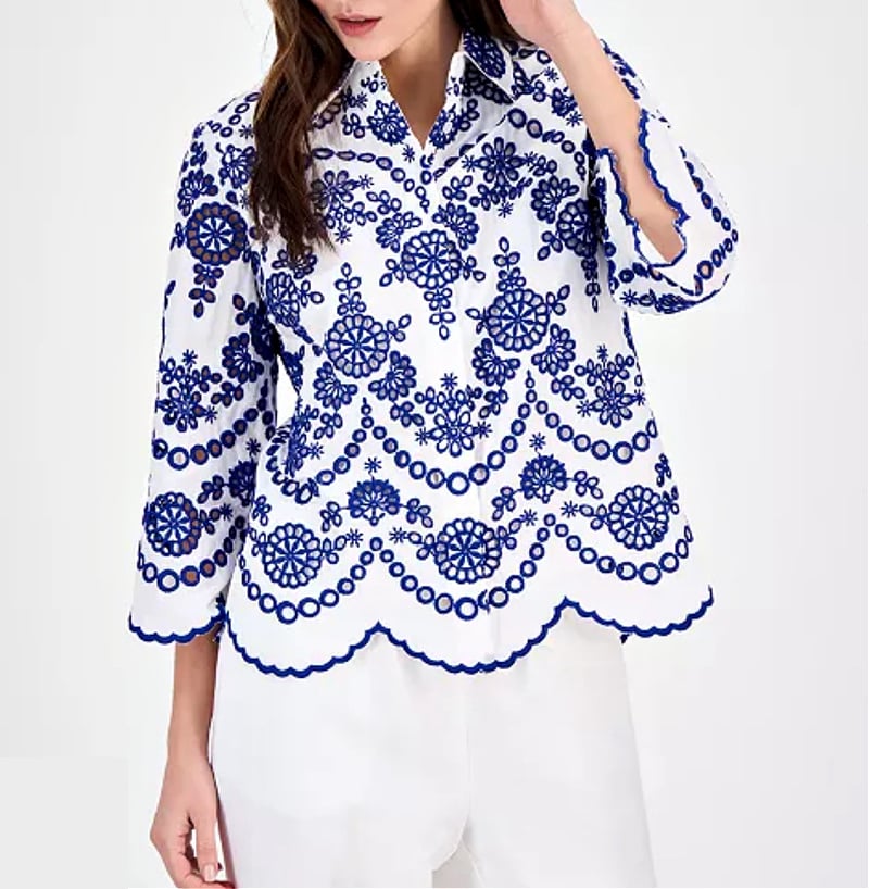 navy and white scallop hem eyelet top