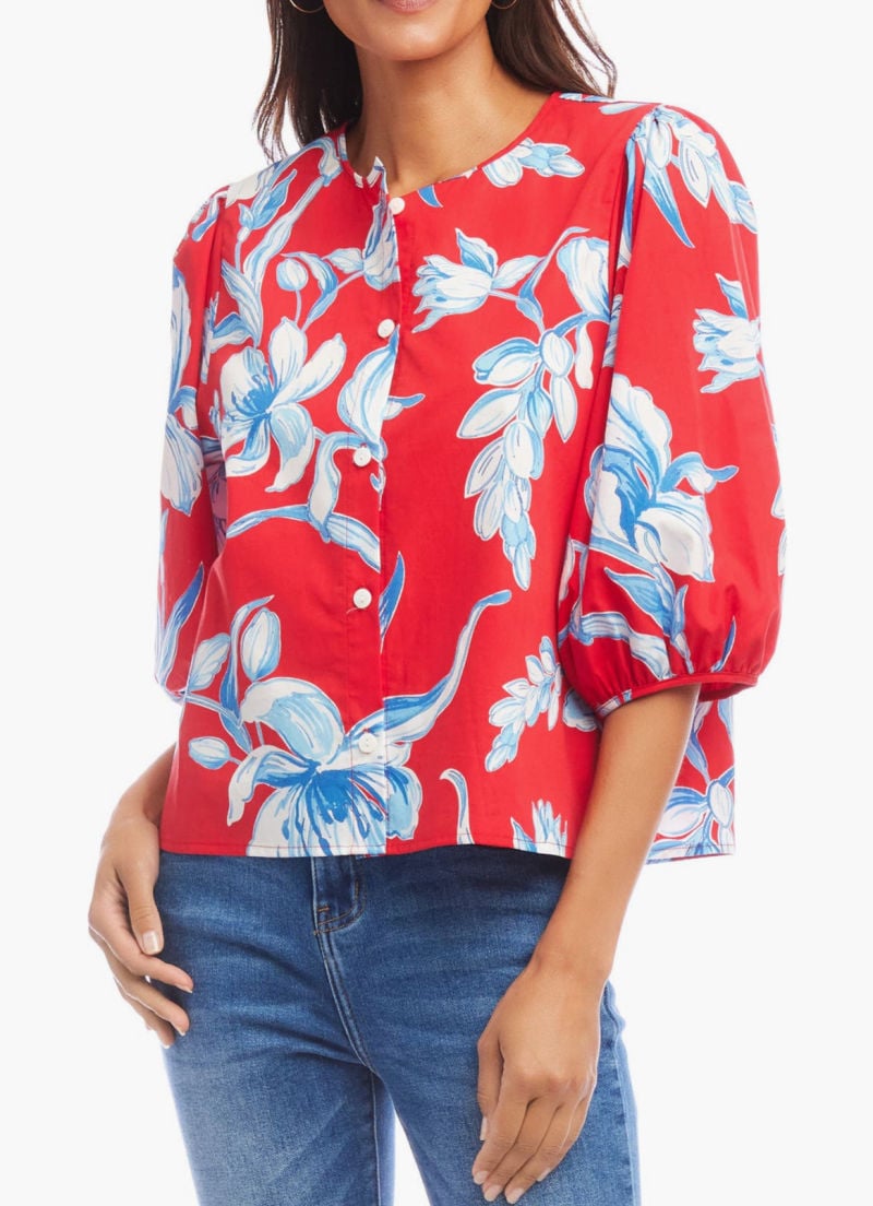 red and blue floral print puff sleeve top