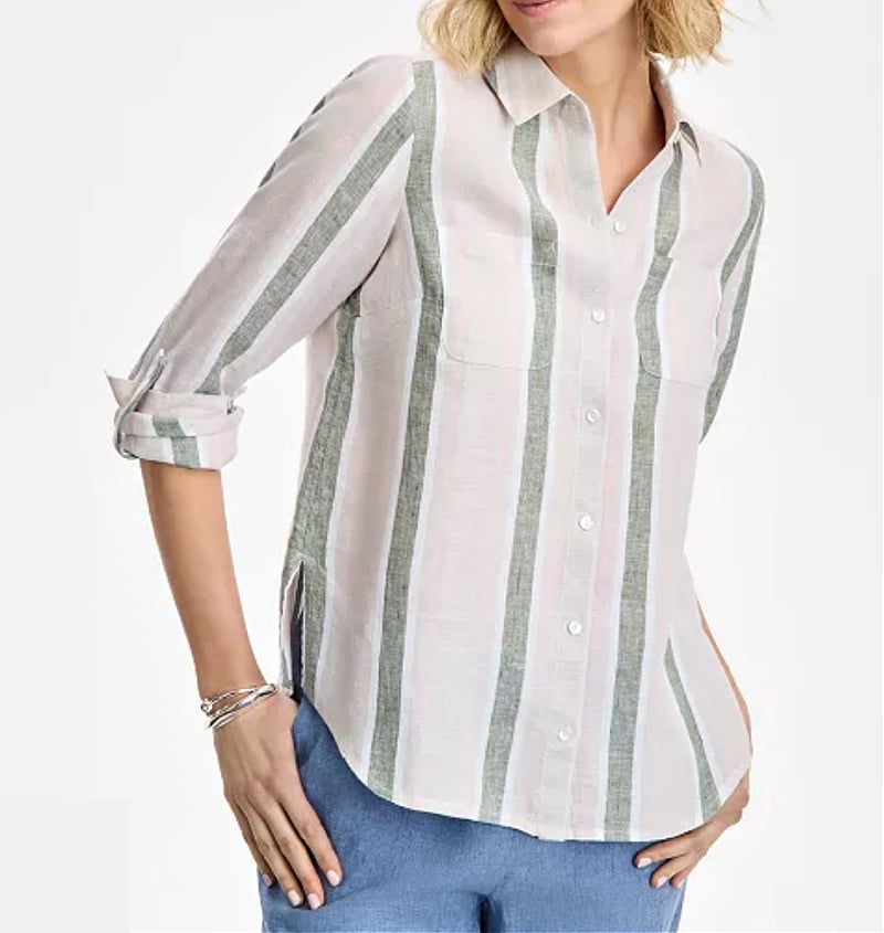 gray and green striped roll tab sleeve top