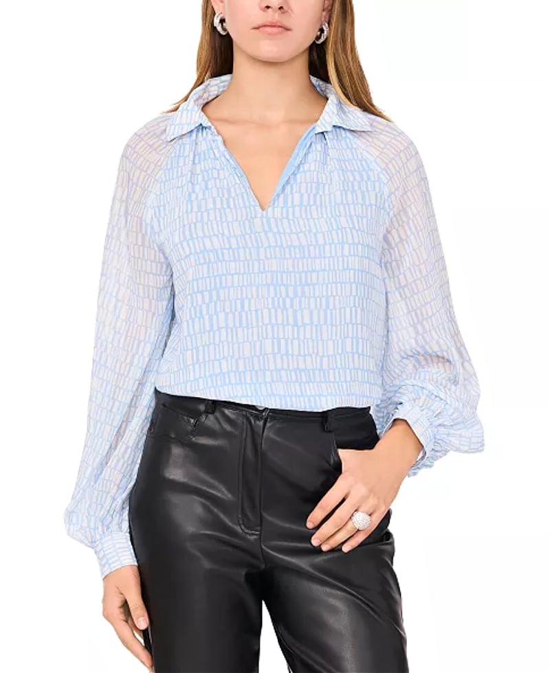 Light blue collared top with sheer sleeves