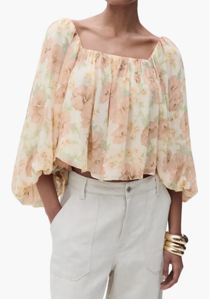 beige and peach floral print voluminous sleeve blouse