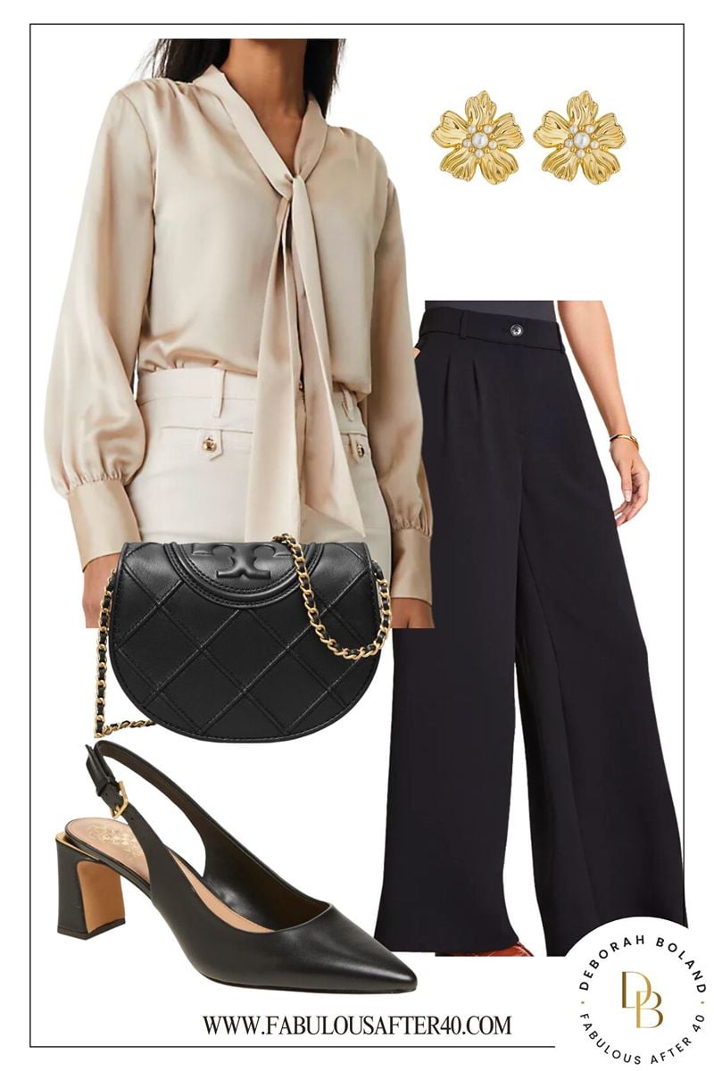 Satin blouse wide leg black pants What to Wear to a Wedding Shower in Winter
