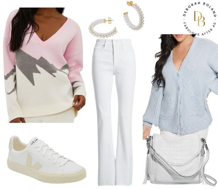 winter white outfits - pastel sweaters, white jeans