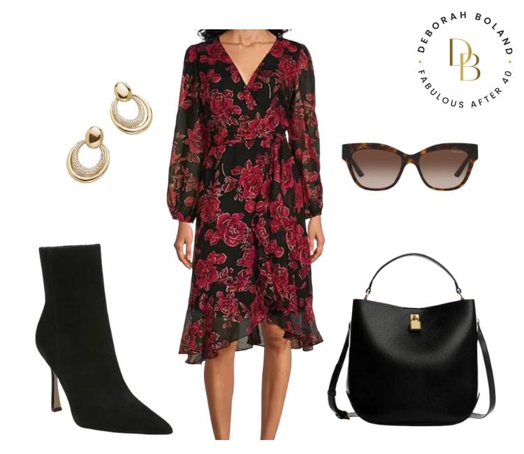 Red and Black Floral Wrap Dress