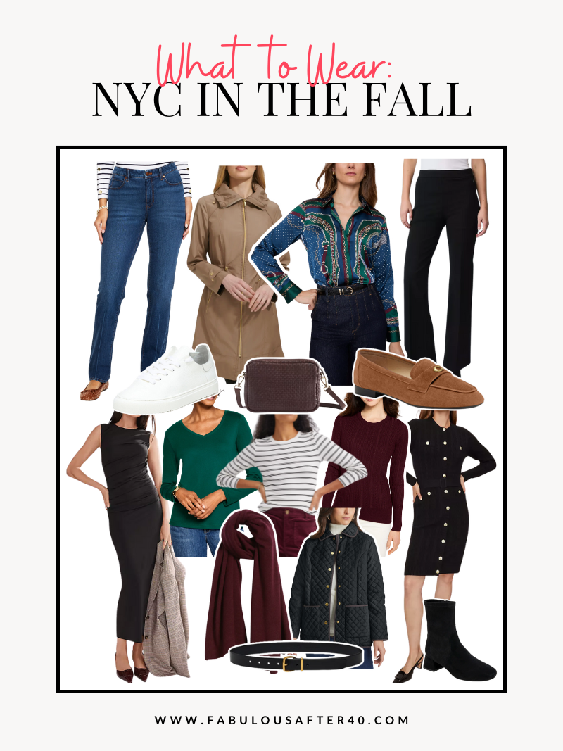 A VISUAL PACKING LIST OF WHAT TO WEAR TO NYC IN THE FALL FOR A TRIP FOR WOMEN OVER 50 INCLUDING PANTS SHIRTS SHOES ACCESSORIES DRESSES