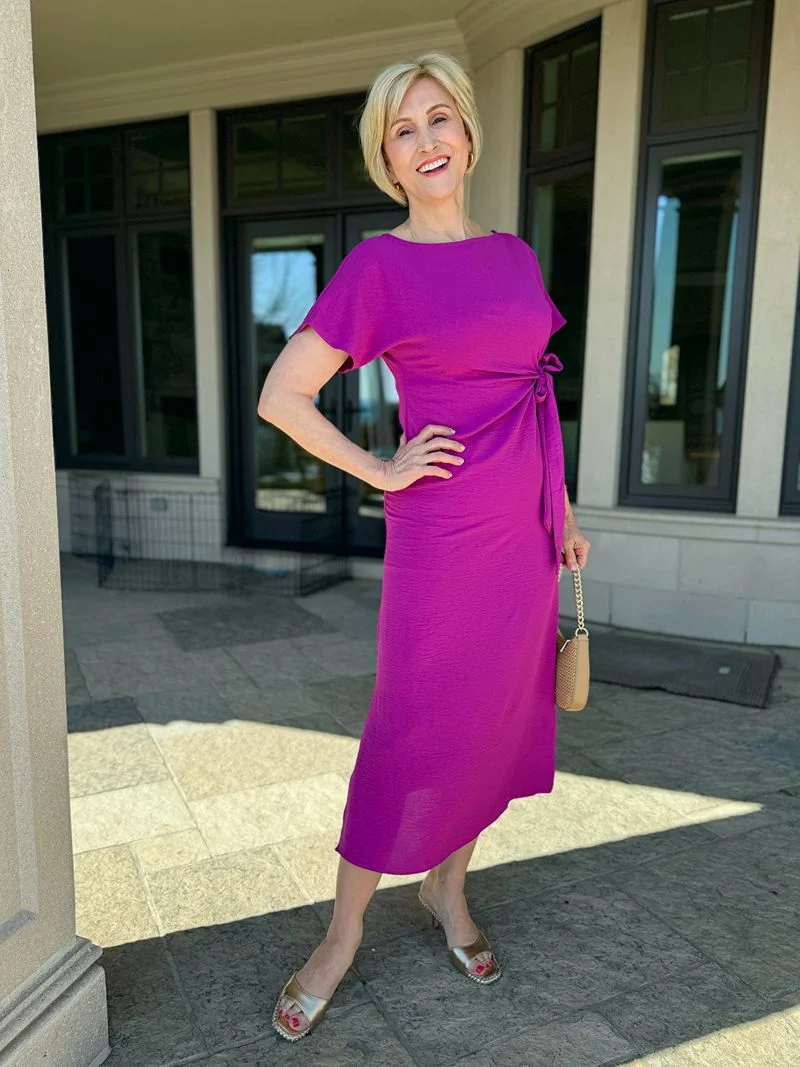 boatneck wrap dress to look slimmer