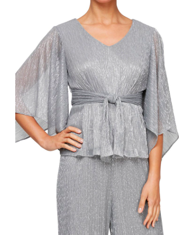 Silver Metallic Knit Blouse with Tie Waist Detail