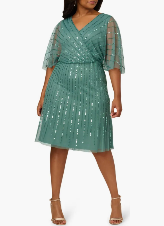 Sequin Wrap Front Cocktail Dress Green Beaded Halter Tea Length Dress