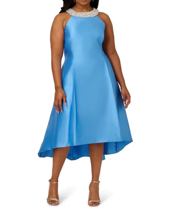 Beaded Halter Tea Length Dress Turquoise blue Beaded Halter Tea Length Dress