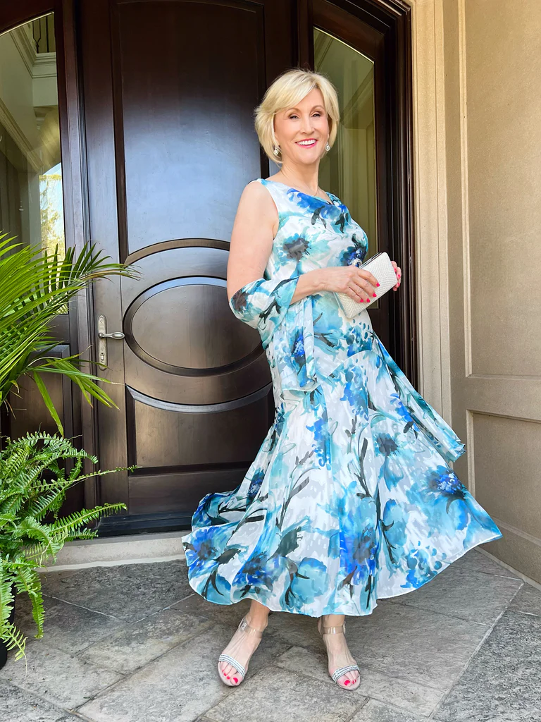 Blue Floral Mother of the Bride Dress with jacket Deborah Boland